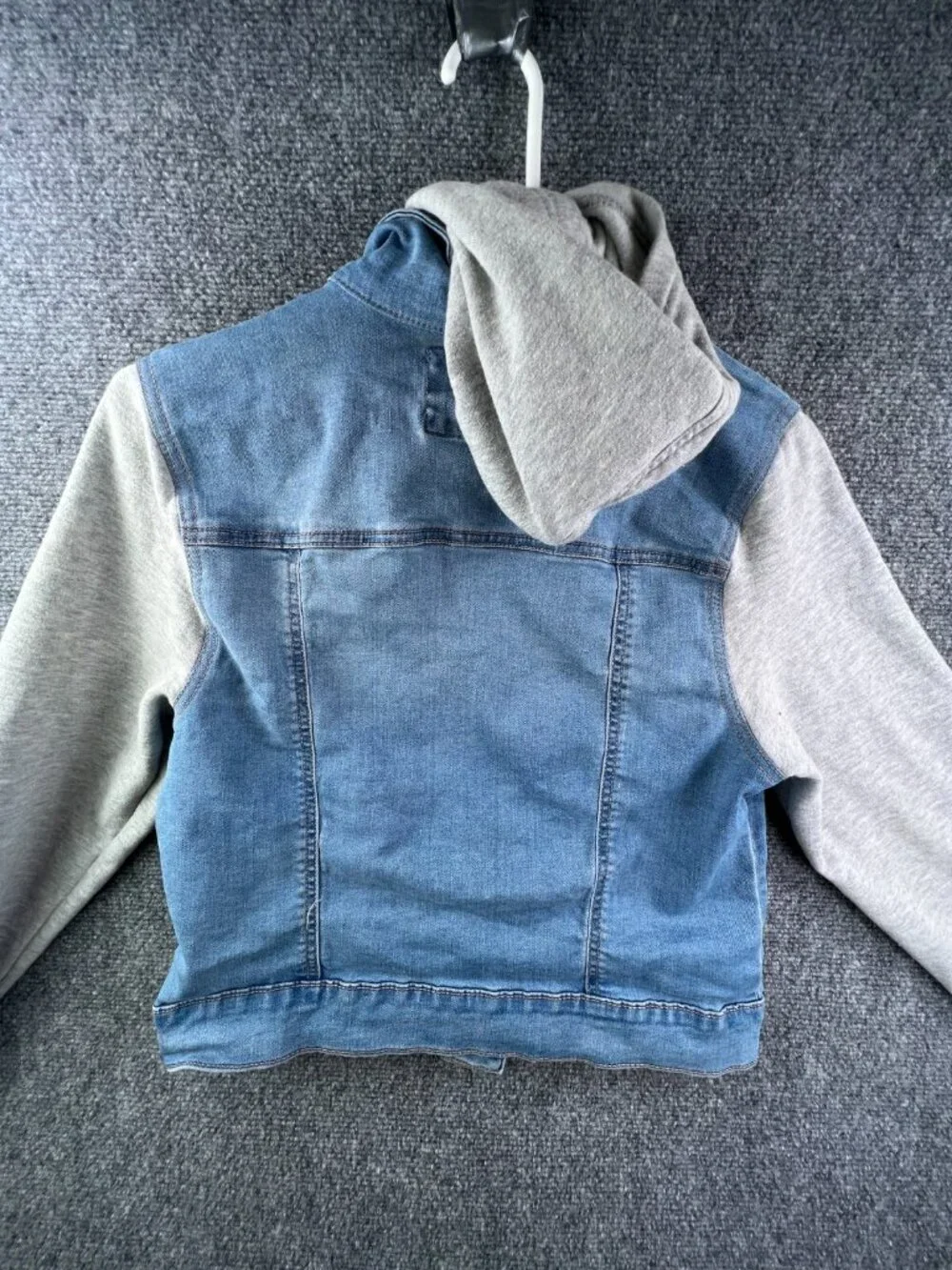 Wax Jean Denim Jacket Blue Gray Girls Large Stretch Buttons Long Sleeve Hooded